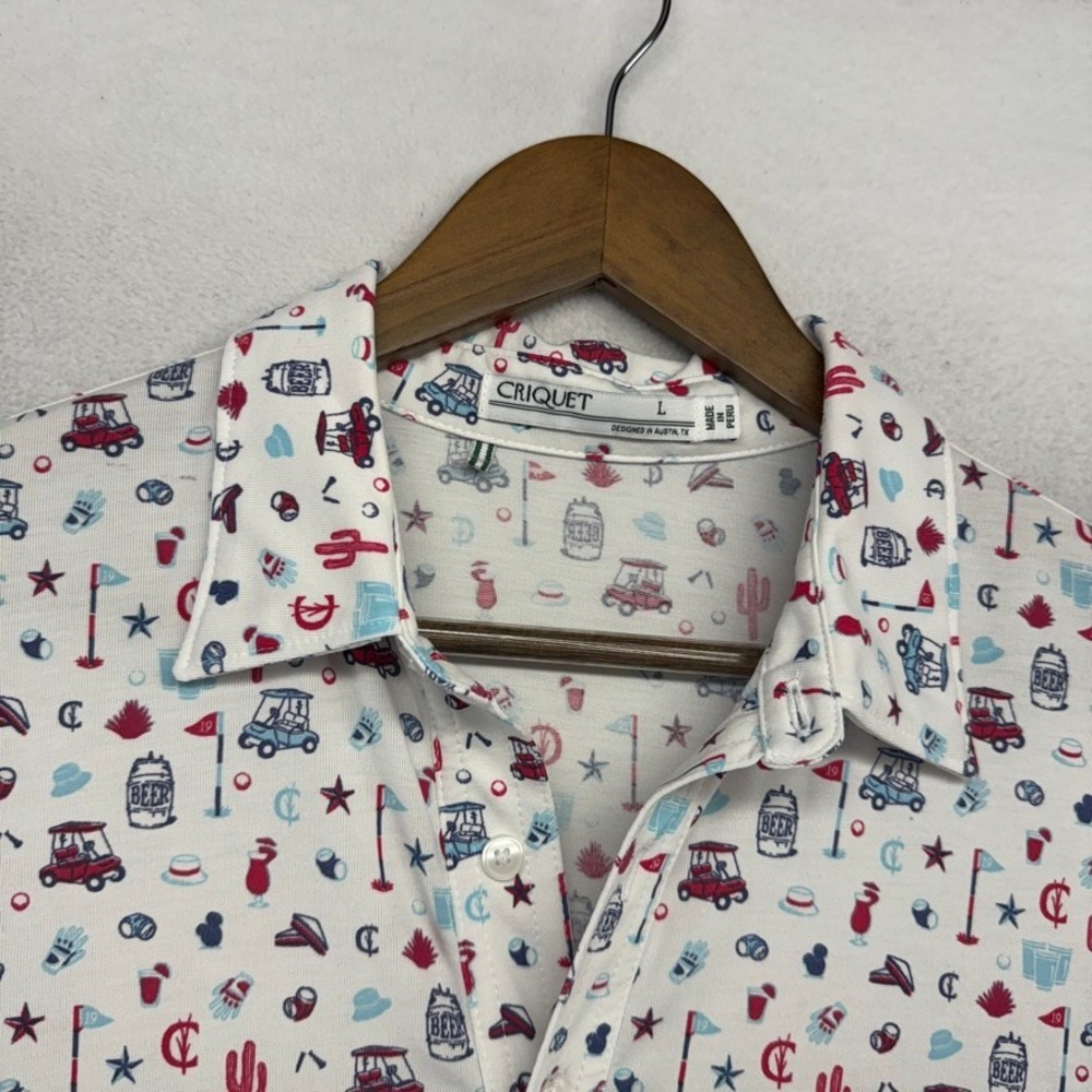 Criquet Polo Shirt Mens Large White Geometric Golf Beer Cactus Print Pima Cotton